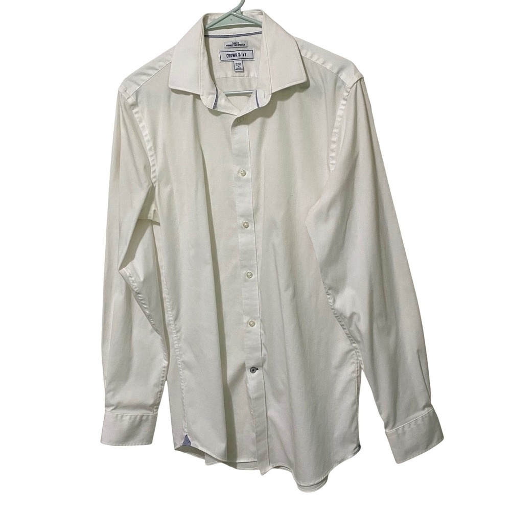 Crown & Ivy White Slim Fit Wrinkle Free Mens Button Front Shirt M‎ Career Casual